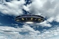 UFO, an alien plate soars in the sky, hovering motionless in the air. Unidentified flying object, alien invasion, extraterrestrial Royalty Free Stock Photo