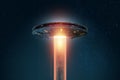 UFO, an alien plate soars in the sky, hovering motionless in the air. Unidentified flying object, alien invasion, extraterrestrial