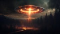 UFO, an alien saucer hovering over a forest road.
