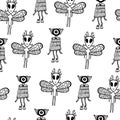 Ufo alien seamless pattern. Hand drawn coloring page for kids an