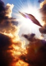 UFO, alien spaceship and clouds in sky, speed and interstellar transportation, sci fi or terror. UAP ship, fast flying