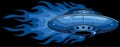 ufo with flames on black background. vector illustration design Royalty Free Stock Photo