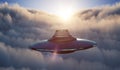 UFO alien spaceship is flying in sky above clouds at sunset. 3D rendered illustration. Royalty Free Stock Photo