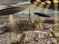 Ufo or alien spaceships flying over Paris and over Eiffel Tower Panoramic aerial view of Paris