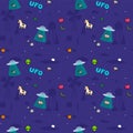 UFO aliens invade farmhouse at night seamless pattern Gift Wrap background