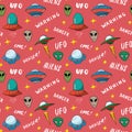 Ufo and aliens Seamless pattern. Cute Doodles space ships sketch. Hand drawn Cartoon Vector illustration