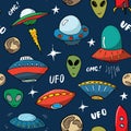Ufo and aliens Seamless pattern. Cute Doodles space ships sketch. Hand drawn Cartoon Vector illustration
