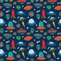 Ufo and aliens Seamless pattern. Cute Doodles space ships sketch. Hand drawn Cartoon Vector illustration