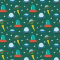 Ufo and aliens Seamless pattern. Cute Doodles space ships sketch. Hand drawn Cartoon Vector illustration