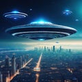 UFO Armada over giant alien spaceships over the UFO invasion over the city of the planet digital Royalty Free Stock Photo