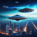 UFO Armada over giant alien spaceships over the UFO invasion over the city of the planet digital Royalty Free Stock Photo