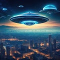 UFO Armada over giant alien spaceships over the UFO invasion over the city of the planet digital Royalty Free Stock Photo