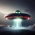 UFO with Beam, Alien Spaceship in Night Sky, Futuristic Mystery Transport, Abstract Generative AI Illustration