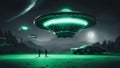 ufo in the city A sci fi space scene with a black and gray UFO vector and a green light beam.