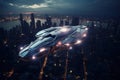 UFO close-up with radiant lights hovering over city under night sky. Futuristic alien spaceship. Perfect for projects Royalty Free Stock Photo