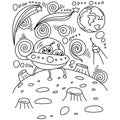 UFO coloring page with spaceship, asteroid and open space, fantasy outline illustration with aliens