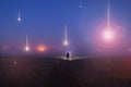 UFO concept. Glowing orbs, floating above a misty field at night. With a silhouetted figure looking at the lights