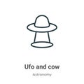 Ufo and cow outline vector icon. Thin line black ufo and cow icon, flat vector simple element illustration from editable astronomy Royalty Free Stock Photo