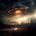 UFO in the dark sky. Fantasy landscape with flying saucer in the sky. Flight of an unidentified object