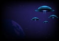 UFO explores the planet earth, planet or moon in the night sky. with an abstract space layer, an unidentified flying object