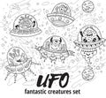 UFO. Fantastic creatures set in outline. Vector illustration. Coloring book Royalty Free Stock Photo