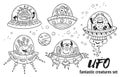 UFO. Fantastic creatures set in outline. Vector illustration. Coloring book Royalty Free Stock Photo