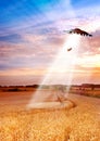 UFO, farm and field with light, alien invasion and research with cow, abduction or transport. UAP ship, flying saucer Royalty Free Stock Photo