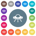 UFO flat white icons on round color backgrounds