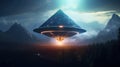 UFO flying in the night sky. Aliens from outer space on planet Earth. Mountains and UFOs Royalty Free Stock Photo