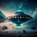 UFO flying in the night sky. Royalty Free Stock Photo