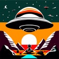 UFO flying in the night sky. Vector illustration in retro style. generative AI Royalty Free Stock Photo