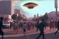 UFO flying over a city and people in panic running away. Alien invasion of spaceship into human civilazation Royalty Free Stock Photo