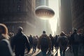 UFO flying over a city and people in panic running away. Alien invasion of spaceship into human civilazation Royalty Free Stock Photo