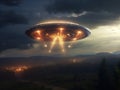 UFO flying over the night forest. 3d render illustration. Royalty Free Stock Photo