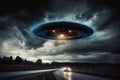 UFO flying over the road at night. 3d rendering. Invasion of extraterrestrial. Alien abduction, Ai Generated Royalty Free Stock Photo