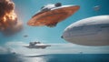 ufo flying over the sea _A sci-fi confrontation situation where two space crafts hover over a blue ocean that has acid waves Royalty Free Stock Photo