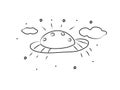UFO, flying saucer, hand drawing coloring book. Modern doodle contour illustration black
