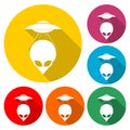 UFO flying spaceship and alien line icon isolated with long shadow