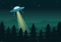 UFO Flying Spaceship with Rays of Light in Sky Night City View and Alien in Flat Cartoon Hand Drawn Templates Illustration Royalty Free Stock Photo