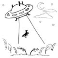 UFO flying spaceship. World UFO Day. A flying saucer kidnaps someone. Vector illustration Royalty Free Stock Photo