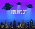 Ufo flying spaceship. World UFO Day. Flying saucer. Unidentified Flying Object, City Landscape Design Style