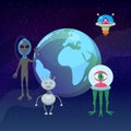 UFO game cartoon aliens with earth planet globe vector illustration. Fantastic ufo and alient futuristic persons and