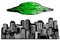 Ufo hiring at night city, search professional, alien spaceship flying above skyscrapers and empty road in megapolis