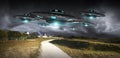 UFO invasion on planet earth landascape 3D rendering Royalty Free Stock Photo