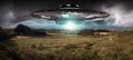 UFO invasion on planet earth landascape 3D rendering Royalty Free Stock Photo