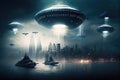 ufo invasion, with ships descending and taking position over major cities