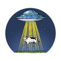 UFO kidnaps the cow color sketch engraving Royalty Free Stock Photo