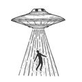 UFO kidnaps human sketch engraving vector Royalty Free Stock Photo