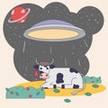 UFO kidnaps a lying cow for conducting experiments and studying a colored flat drawing in the corporate Memphis style Royalty Free Stock Photo