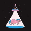 UFO kidnaps a unicorn. Poster print. Vector illustration. hand drawn